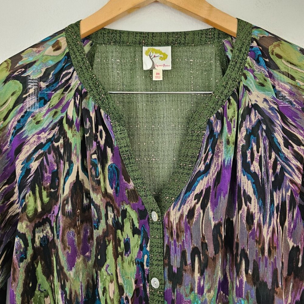 Fig & Flower Womens Sz M Green Purple Art Print Boho Blouse Hi Low Casual Top - Picture 2 of 15